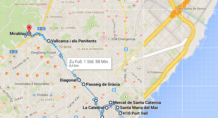 Unsere Route zu Fuß zurch Barcelona