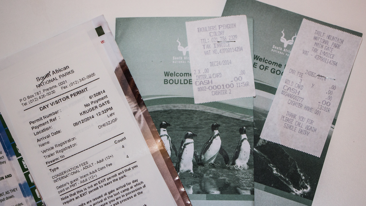 Südafrika Nationalparks Eintrittsbescheinigungen und Rechnung
