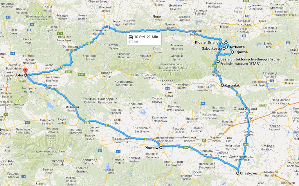 Reiseroute durch Bulgarien