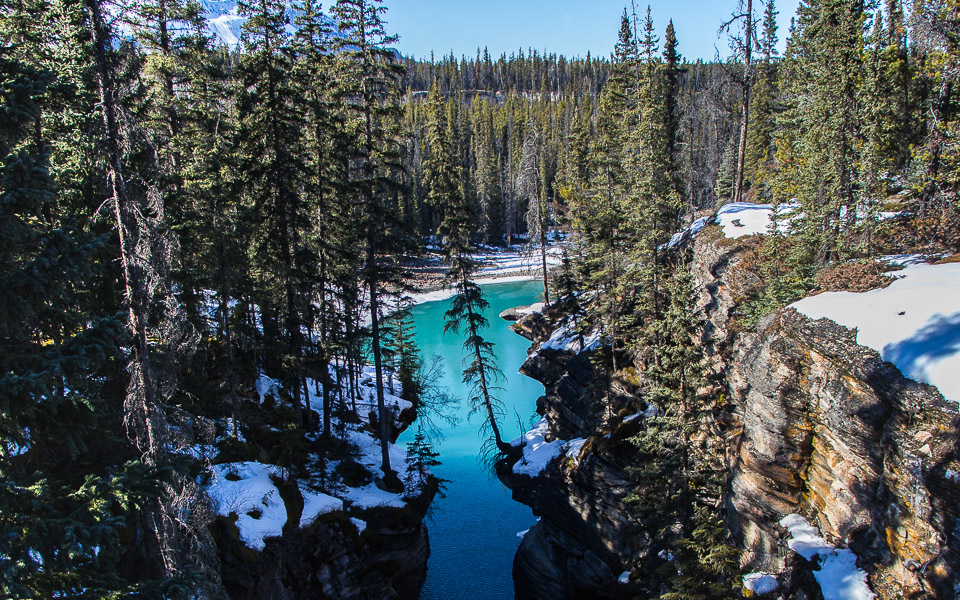 Athabasca Falls und See im Winter