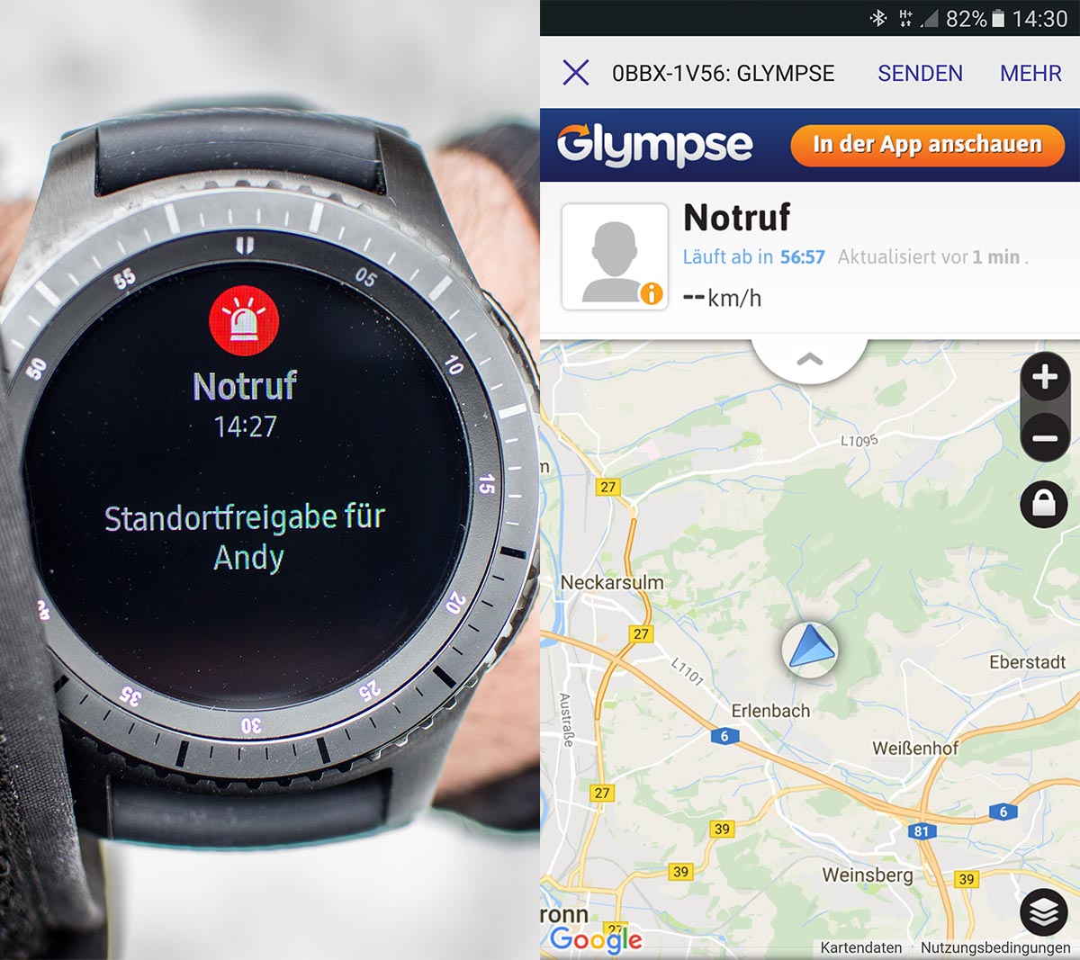Links: Auslösung der SOS Funktion. Rechts: Ortung über einen Link über SMS an Notfallkontakt