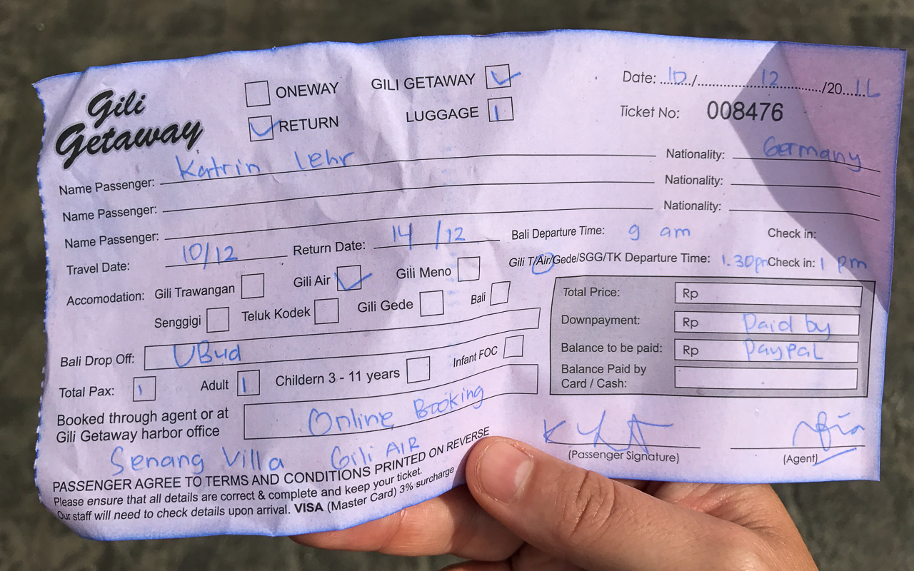 Ticket und Rechnung für das Speedboot von Bali auf die Gili Islands