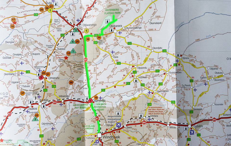 Waterberg Plateau Weg aus Windhoek Karte