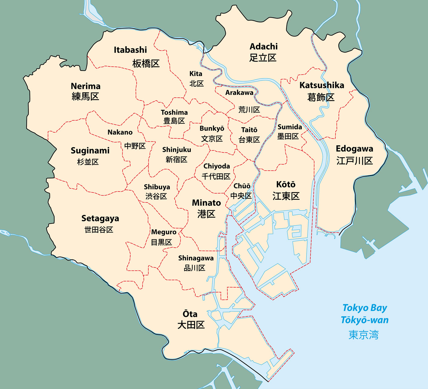 Bezirke Tokio Übersicht Karte