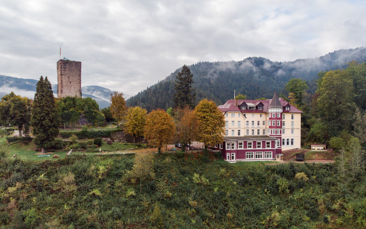 Blick auf Schloss Hornberg und Burgruine