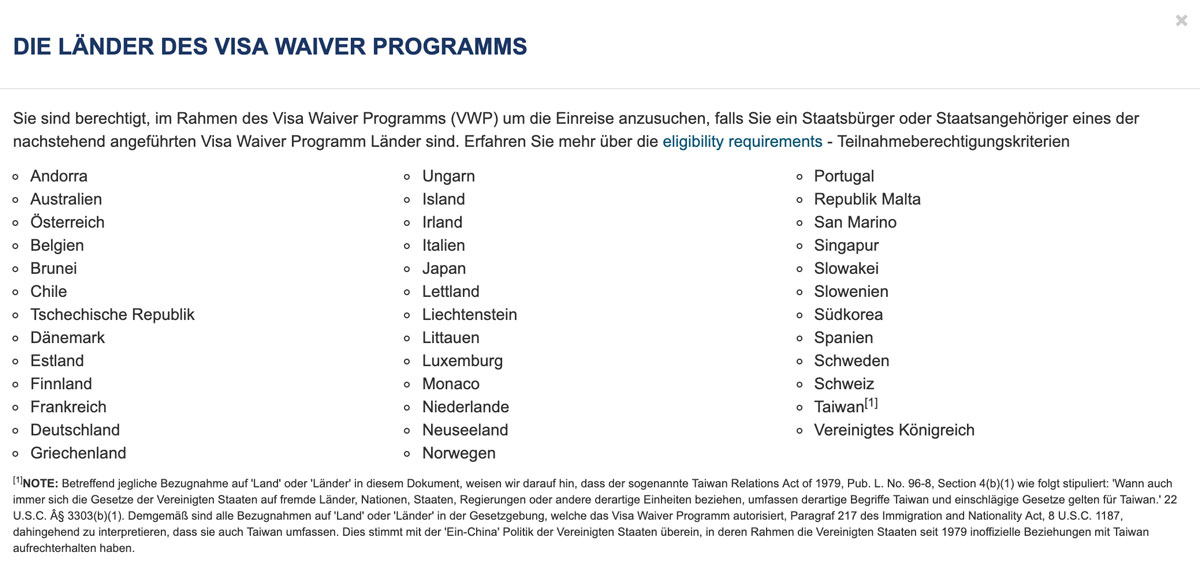Länder des Visa Waiver Programms der USA