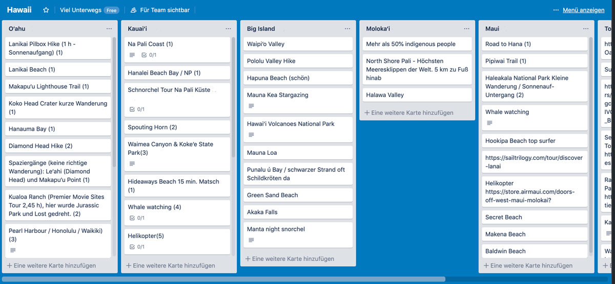 Hawaii Reisetipps Trello
