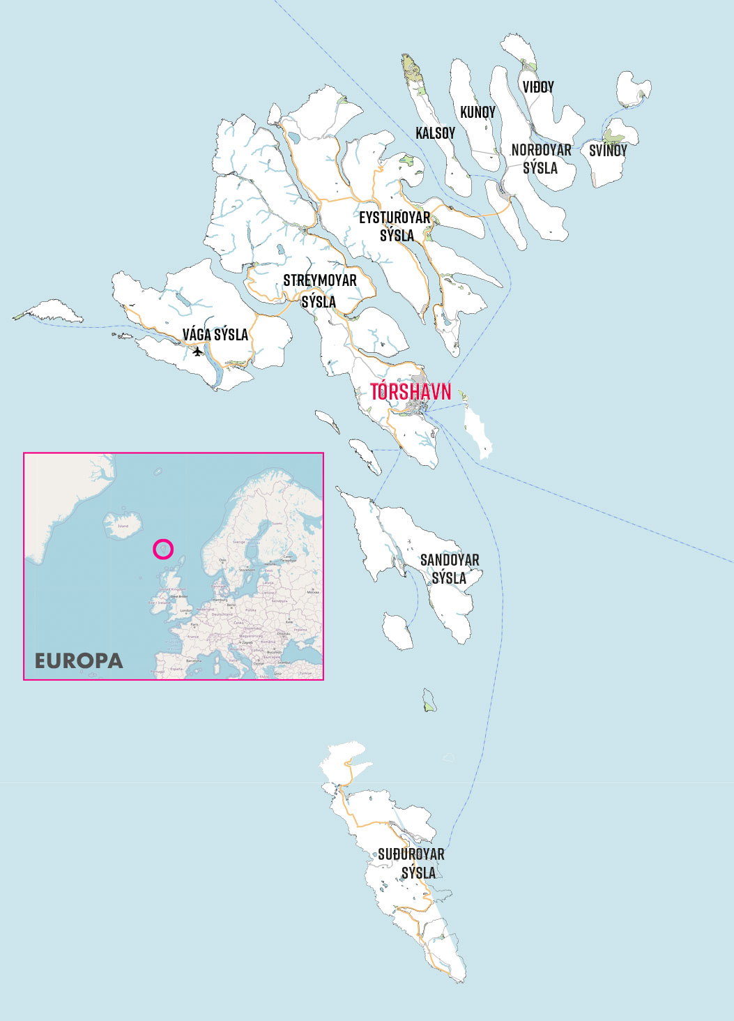 Karte der Färöer Inseln und Lage in Europa.
