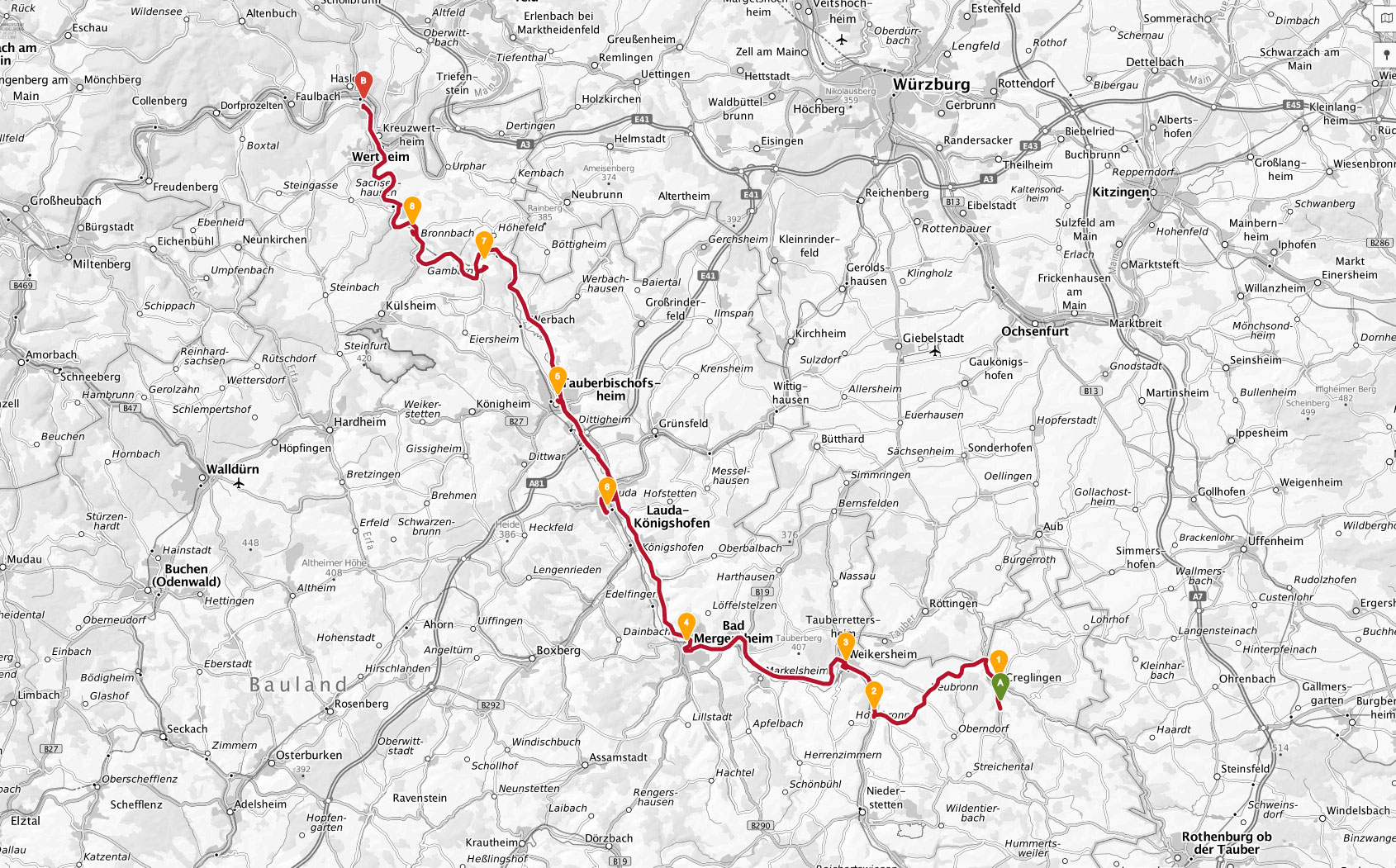 Route durchs Liebliche Taubertal von Creglingen bis Wertheim