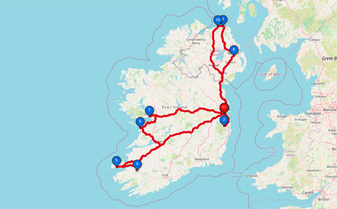 Irland Rundreise mit Zug Karte & Route