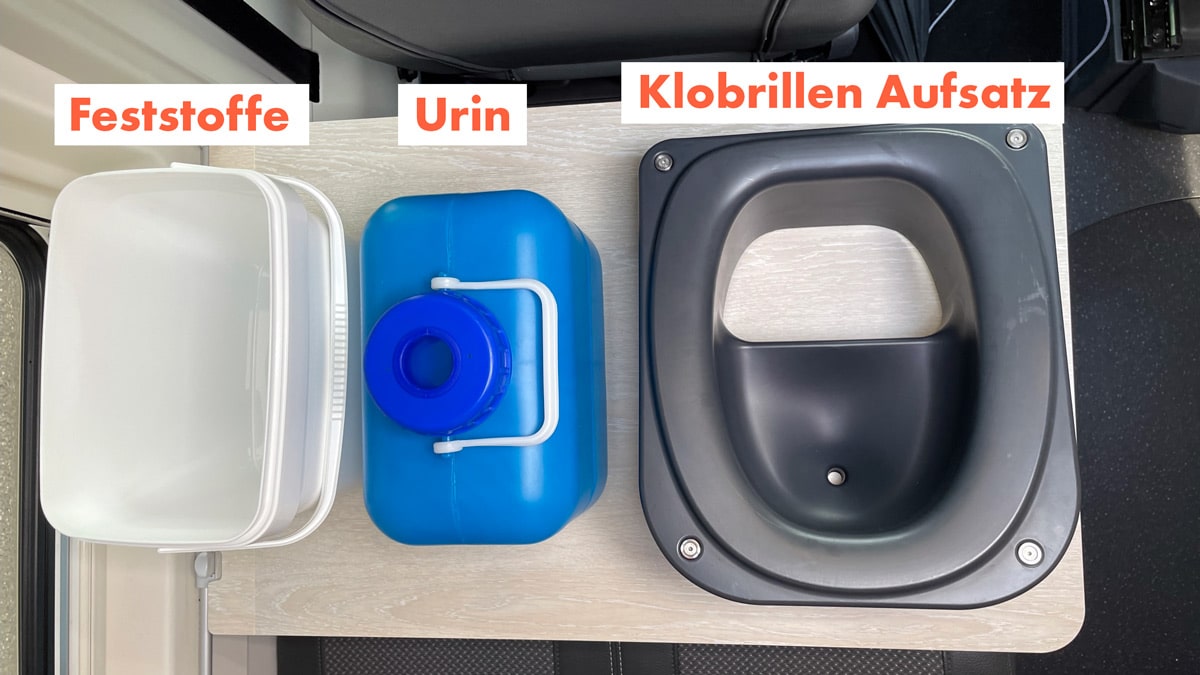 Die Trelino L Trenntoilette funktioniert so: Fäkalienbehälter, Urinbehälter (Auslaufsicher) und der Aufsatz mit Klobrille