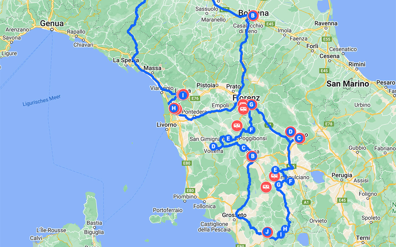 Karte der Toskana Rundreise