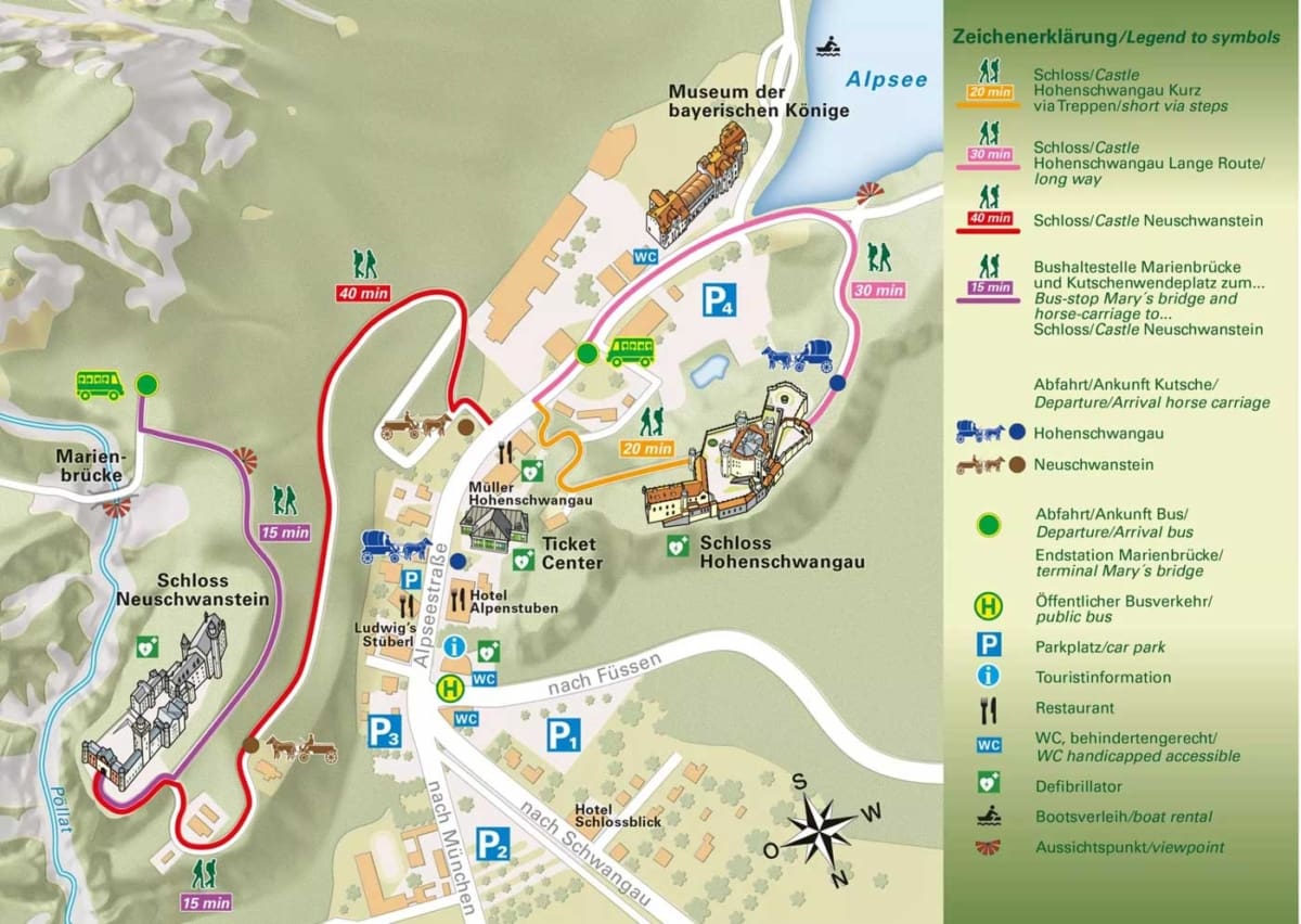 Ortsplan Hohenschwangau mit Parkplätzen für den Besuch von Schloss Neuschwanstein und Schloss Hohenschwangau