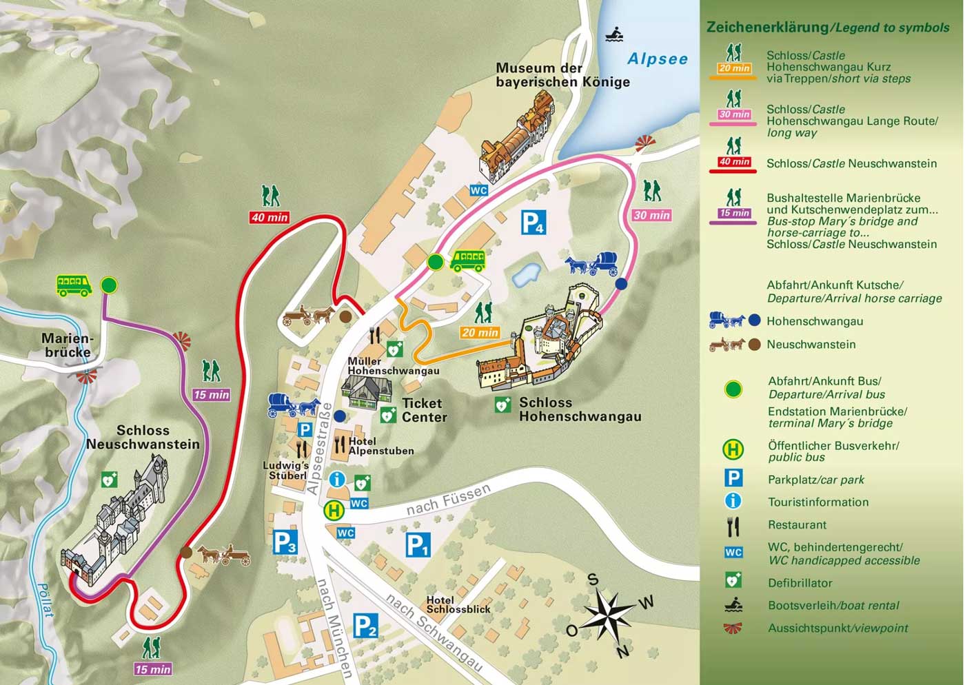 Ortsplan Hohenschwangau mit Parkplätzen für den Besuch von Schloss Neuschwanstein und Schloss Hohenschwangau