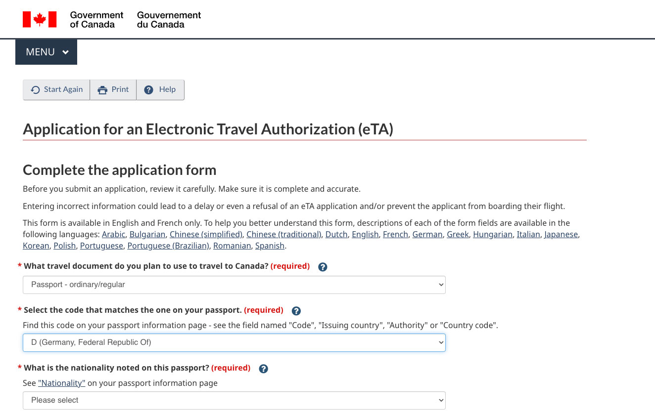 eTA Kanada beantragen
