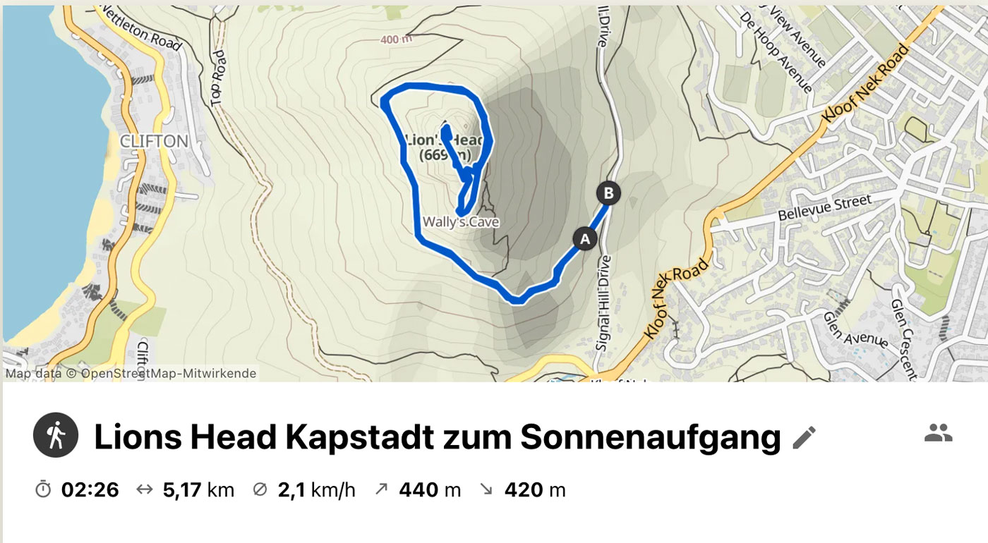 Karte zur Wanderung auf den Lions Head in Kapstadt
