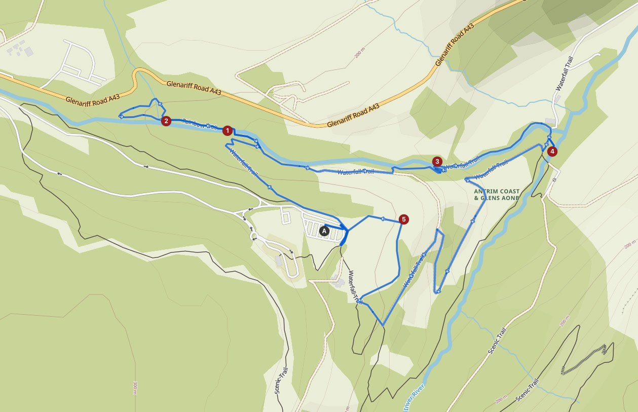 Glenariff Forest Park Wanderung auf dem Rainbow Trail