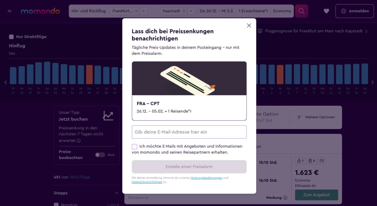 Preisalarm für günstige Flüge