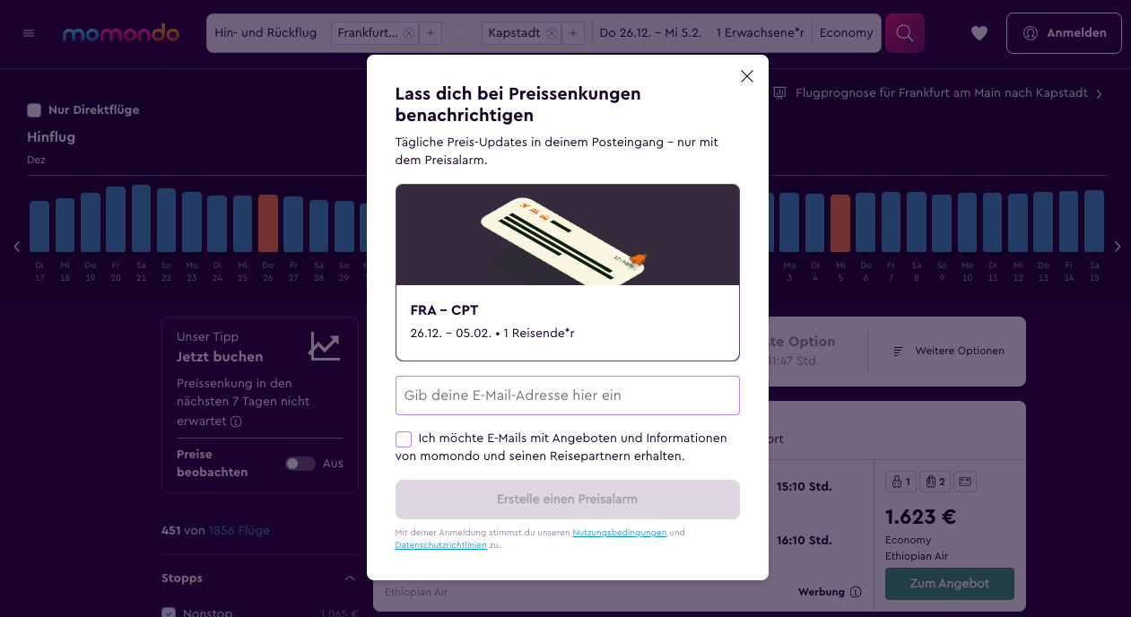 Preisalarm für günstige Flüge