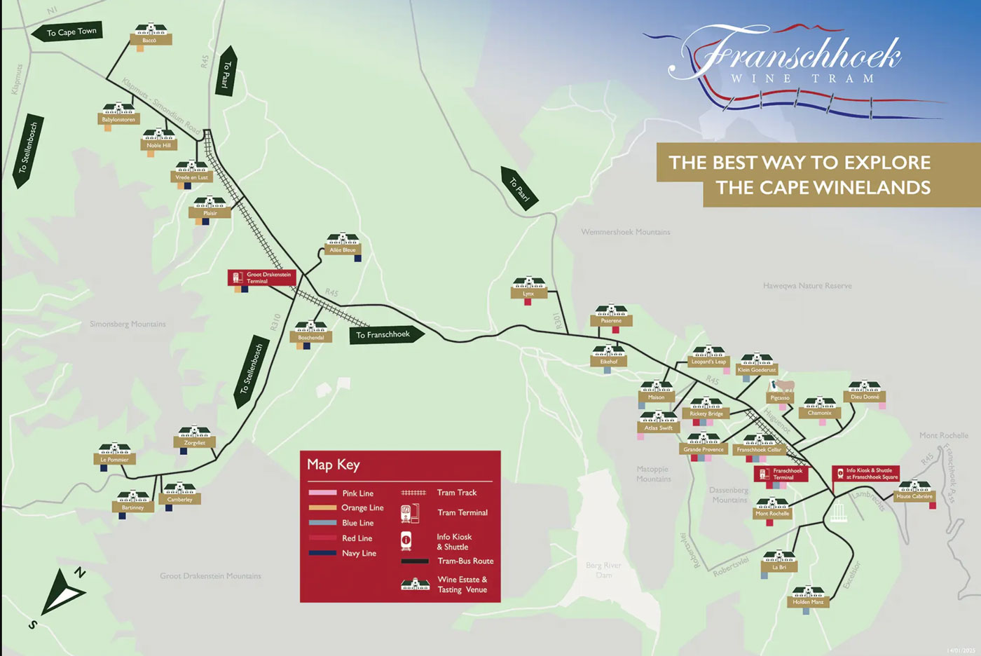 Karte der Wine Tram Routen in Franschhoek; Quelle: https://winetram.co.za/